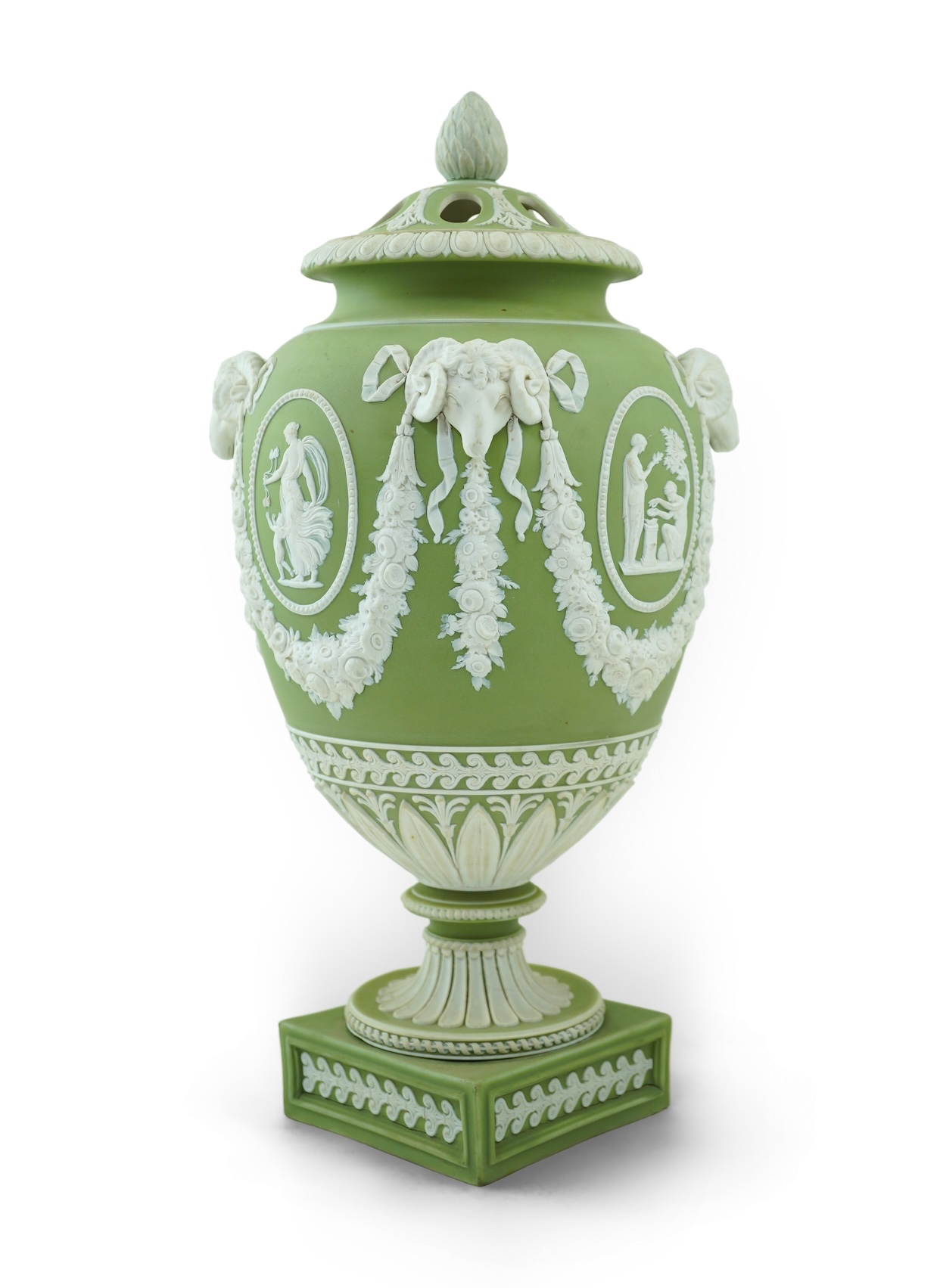 A Wedgwood green jasperware covered pot pourri urn, early 19th century